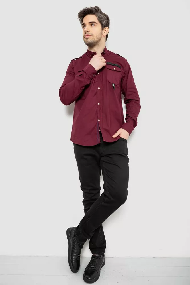 Купить Рубашка мужская однотонная с принтом  -уценка, цвет бордовый, 186R02-U - Фото №2