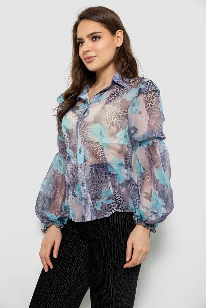 Купити Блуза жіноча з принтом шифонова, колір блакитний, 230R1503-1 - Фото №3