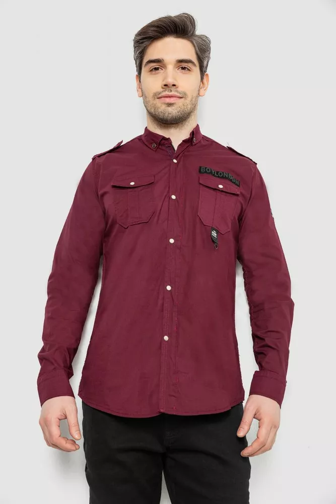 Купить Рубашка мужская однотонная с принтом  -уценка, цвет бордовый, 186R02-U-2 оптом - Фото №1