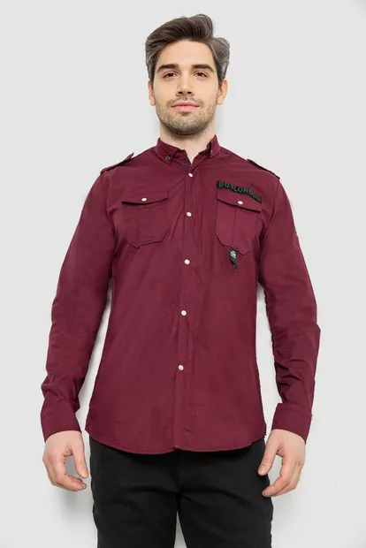 Рубашка мужская однотонная с принтом  -уценка, цвет бордовый, 186R02-U-4