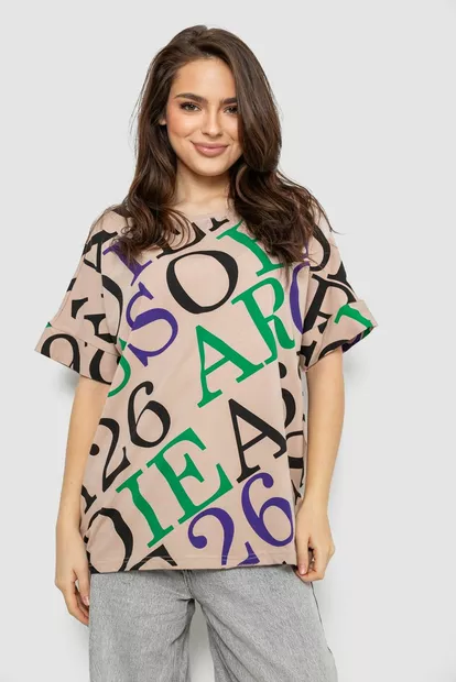 Футболка женская с принтом, цвет светло-бежевый, 244R4002-1