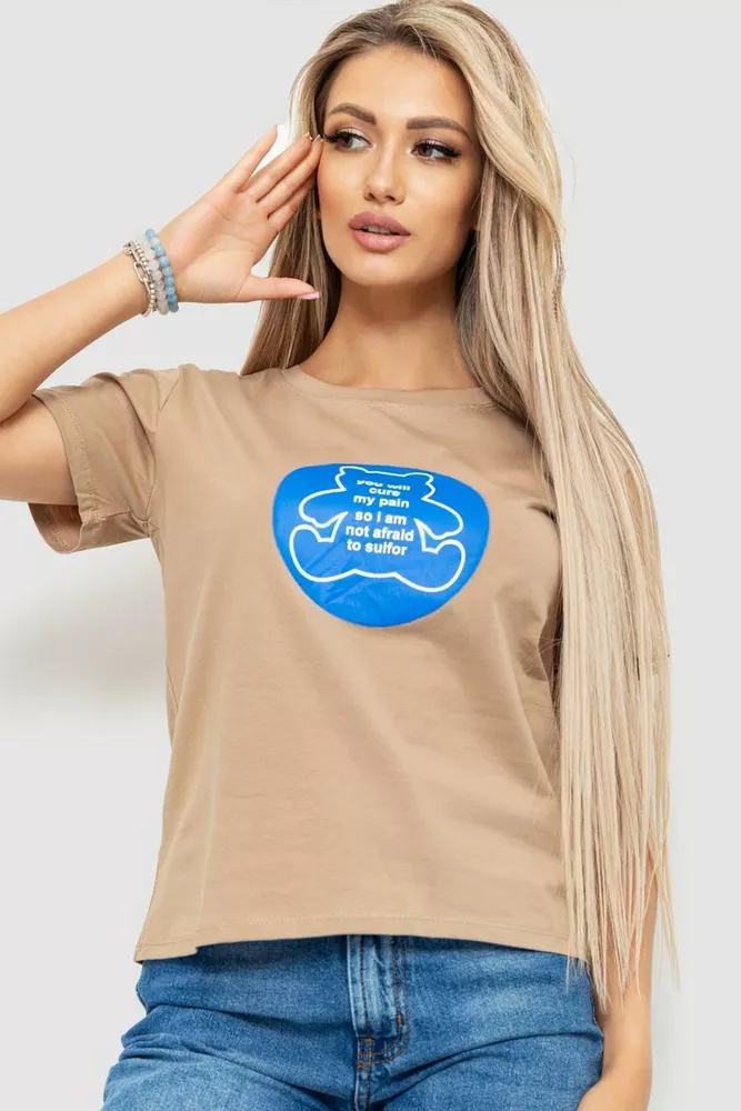 Купити Футболка жіноча з принтом, колір бежевий, 221R3009 - Фото №1