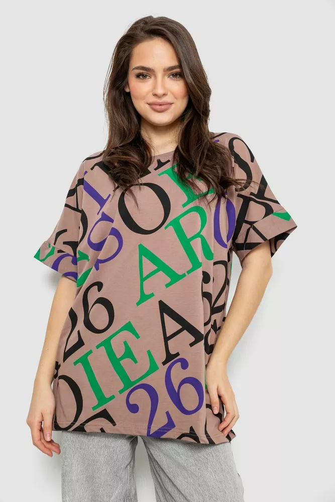 Купити Футболка жіноча з принтом, колір бежевий, 244R4002-1 - Фото №1