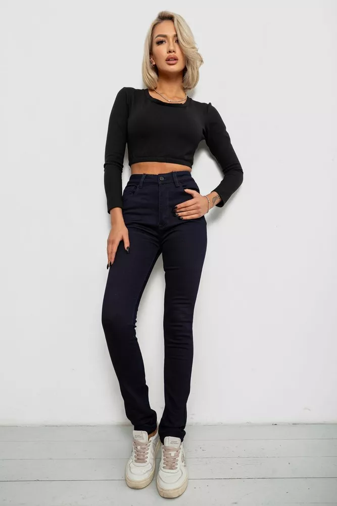 Купити Джинси жіночі однотонні на флісі, колір темно-синій, 244RS021 оптом - Фото №2