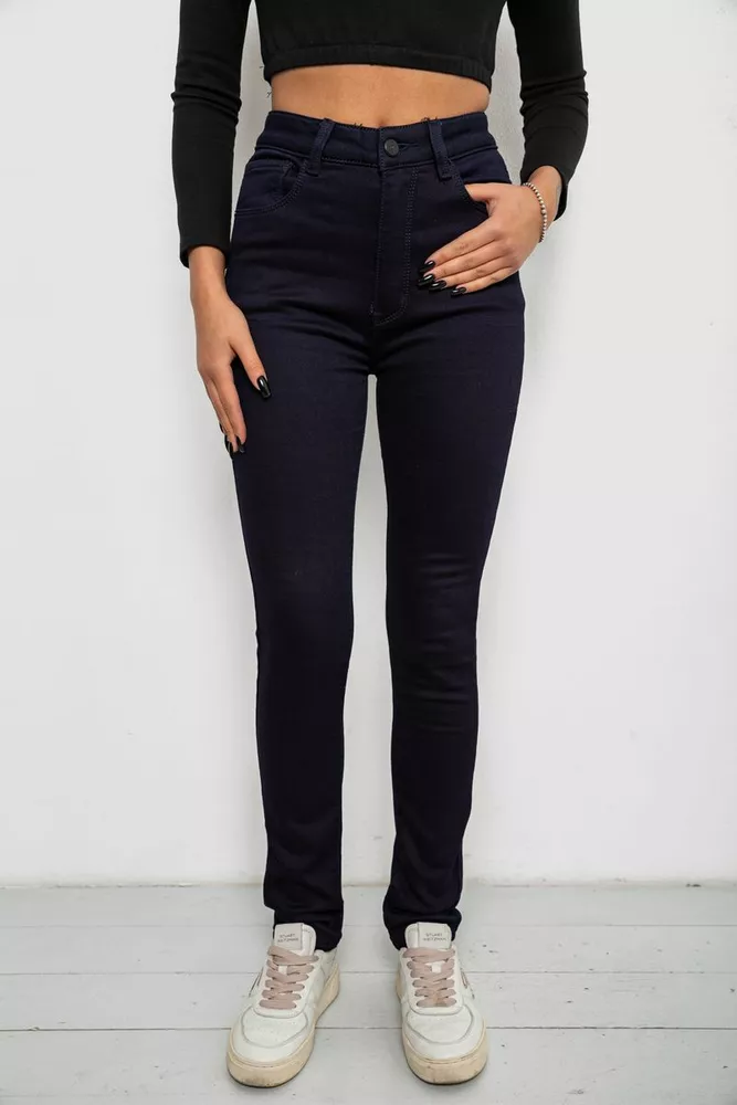 Купити Джинси жіночі однотонні на флісі, колір темно-синій, 244RS021 оптом - Фото №1