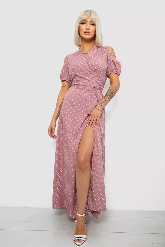 Купить Платье женское на запах в горошек софт, цвет пудровый, 257R358-3 оптом - Фото №1