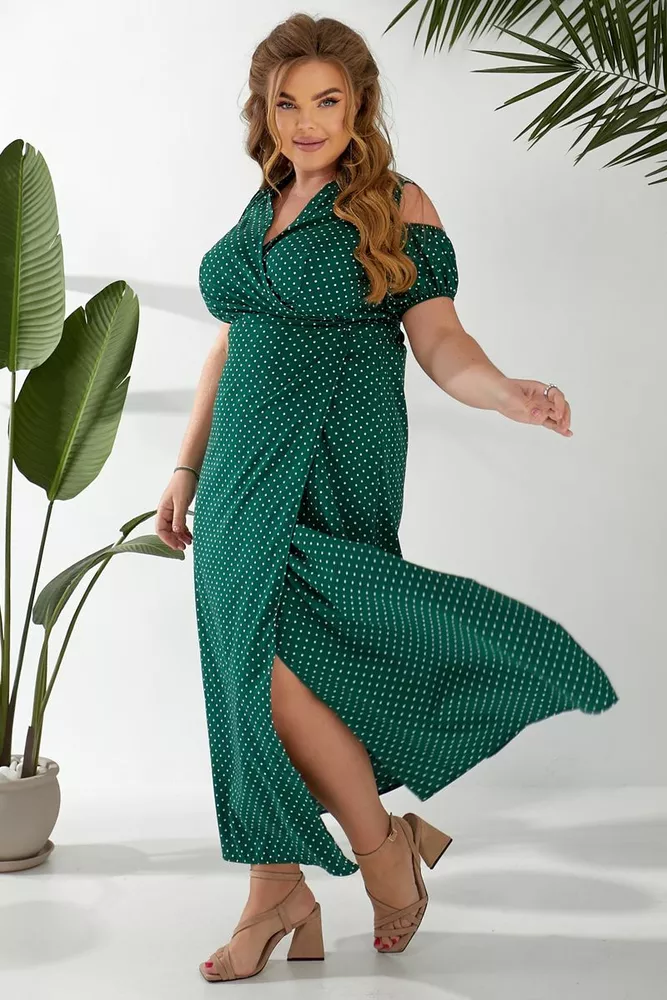 Купить Платье женское на запах в горошек софт, цвет зеленый, 257R358-3 - Фото №3