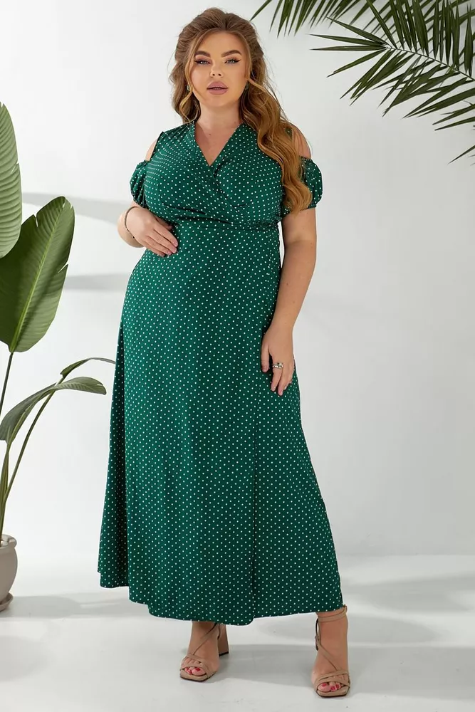 Купить Платье женское на запах в горошек софт, цвет зеленый, 257R358-3 - Фото №1