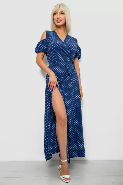 Платье женское на запах в горошек софт, цвет синий, 257R358-3