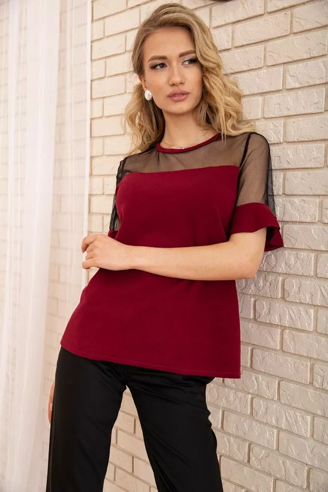 Купити Кофта з короткими рукавами і прозорою сіткою, колір Бордовий, 172R011 оптом - Фото №1