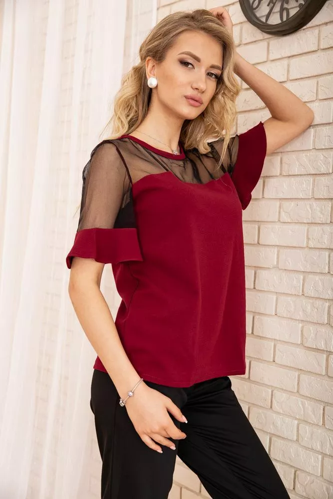 Купити Кофта з короткими рукавами і прозорою сіткою, колір Бордовий, 172R011 оптом - Фото №3