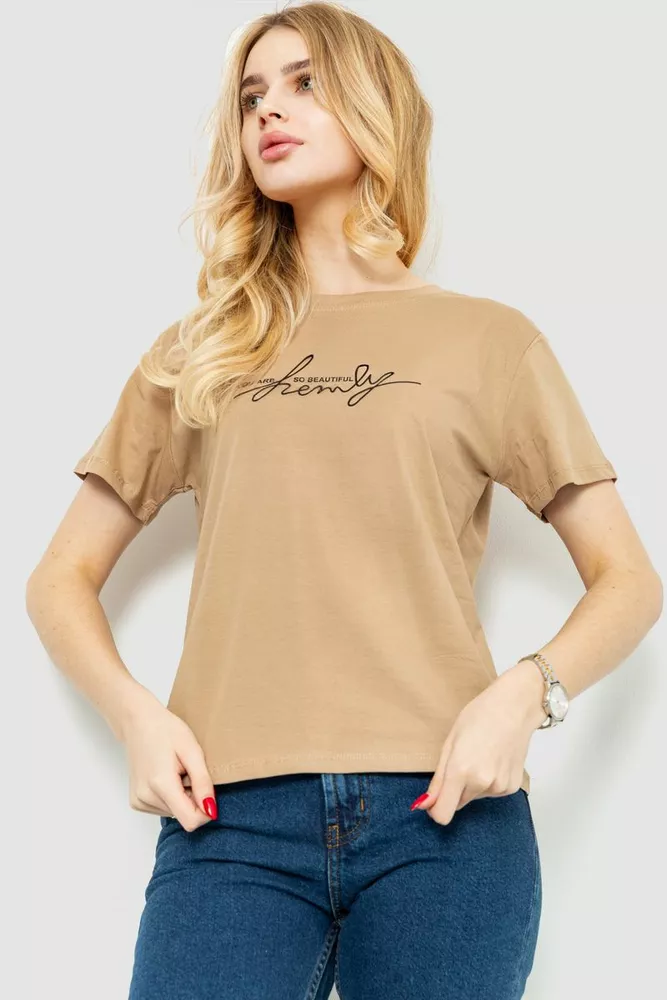 Купити Футболка жіноча з принтом, колір бежевий, 221R3017 - Фото №1