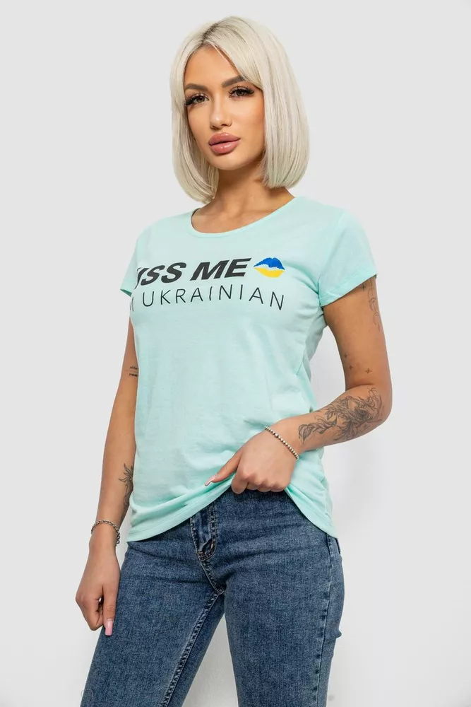 Купити Футболка жіноча з патріотичним принтом, колір м'ятний, 244R2213-1 - Фото №3