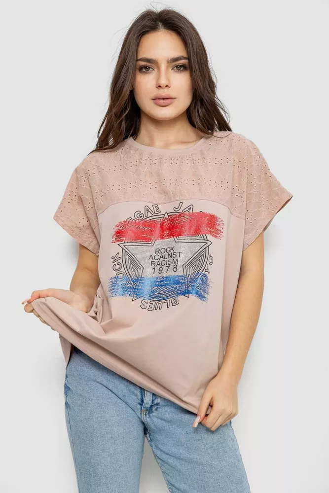Купити Футболка жіноча з принтом, колір бежевий, 244RW532 оптом - Фото №1