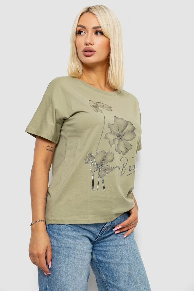 Купити Футболка жіноча з принтом, колір оливковий, 221R2809 - Фото №3