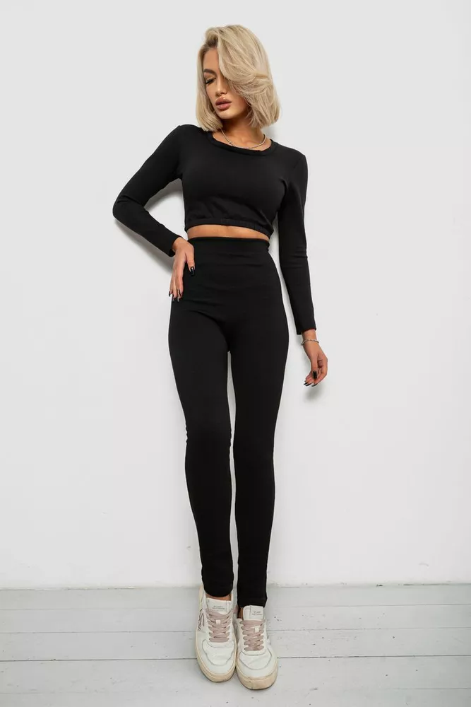 Купить Лосини в рубчик утепленные, цвет черный, 139RA9017 - Фото №2