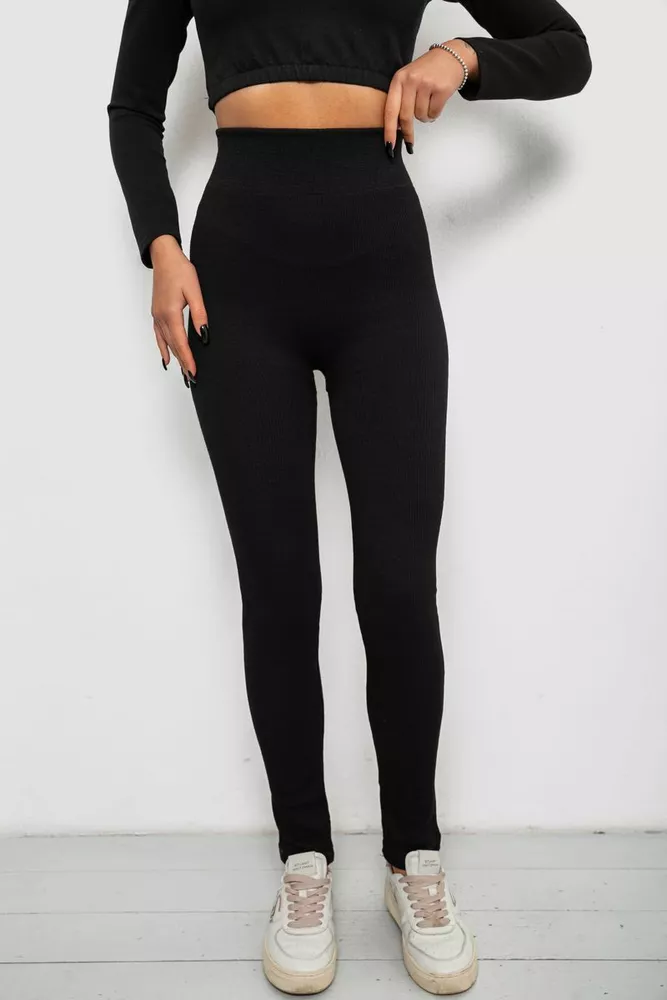 Купить Лосини в рубчик утепленные, цвет черный, 139RA9017 - Фото №1