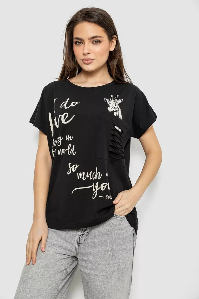 Купить Футболка женская с принтом, цвет черный, 244R3011 оптом - Фото №1