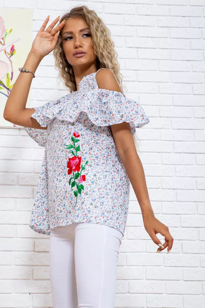 Купити Блузка с открытыми плечами, цвет бело-голубой 177R001 - Фото №3