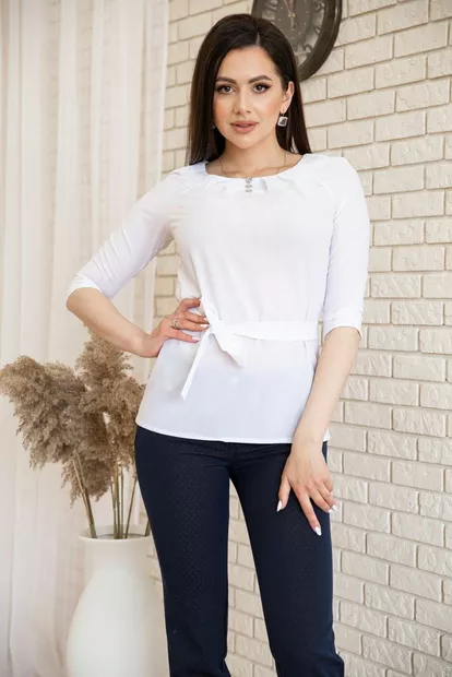 Блузка з рукавами 3/4 і поясом, колір Білий, 172R1-1