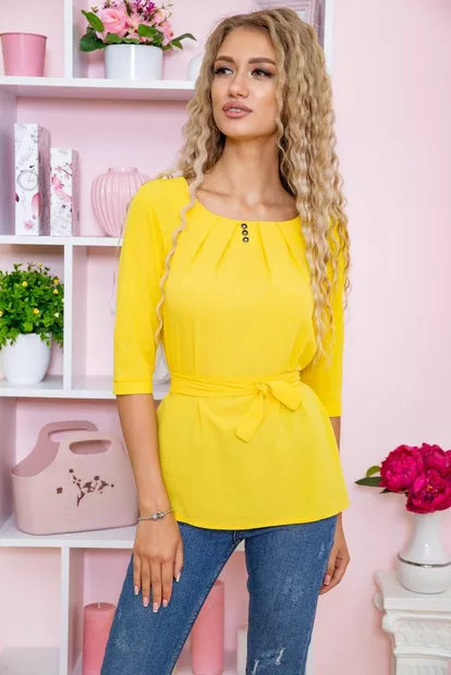 Блузка з рукавами 3/4 і поясом, колір Жовтий, 172R1-1