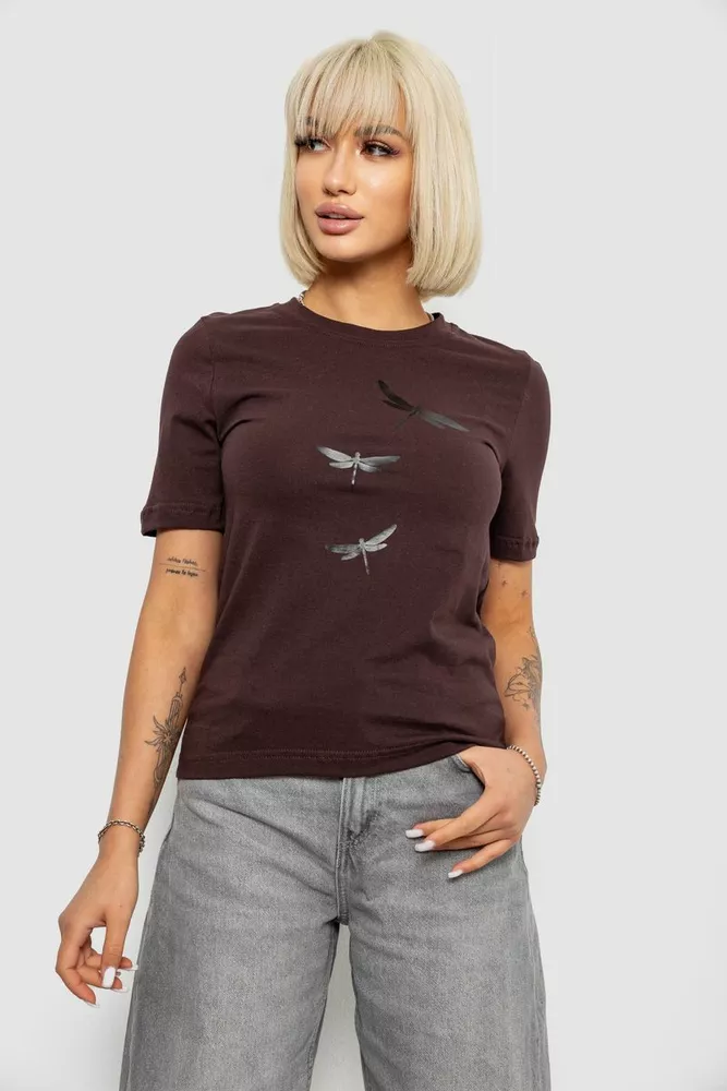 Купити Жіноча футболка з принтом, колір шоколадний, 241R120 - Фото №1