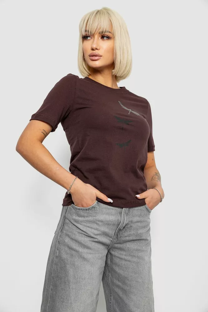 Купити Жіноча футболка з принтом, колір шоколадний, 241R120 - Фото №3