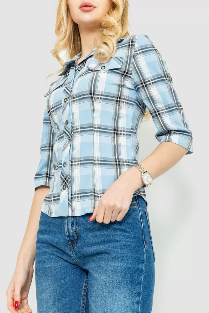 Купить Рубашка женская в клетку   -уценка, цвет серо-голубой, 230R063-U - Фото №3