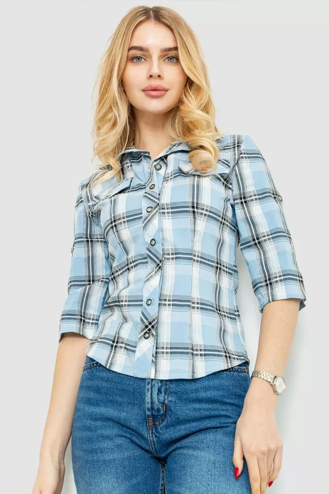 Купить Рубашка женская в клетку   -уценка, цвет серо-голубой, 230R063-U - Фото №1