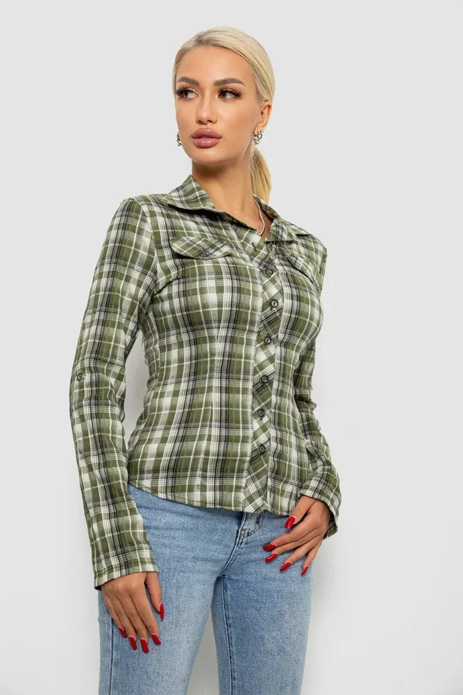 Купити Сорочка жіноча в клітку  -уцінка, колір хакі, 230R064-1-U-14 - Фото №3