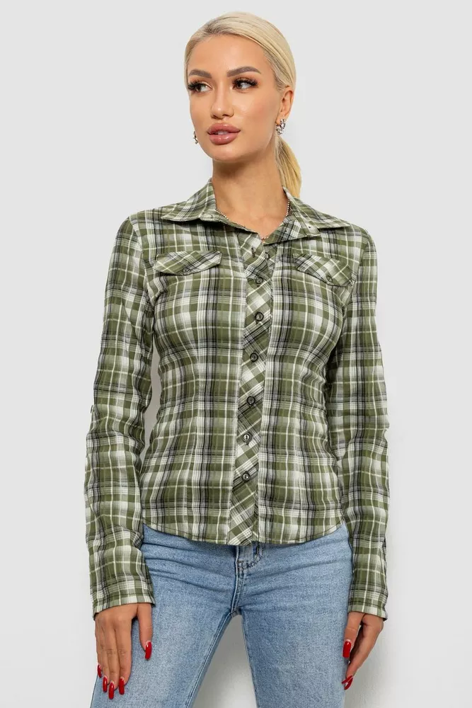 Купити Сорочка жіноча в клітку  -уцінка, колір хакі, 230R064-1-U-14 - Фото №1