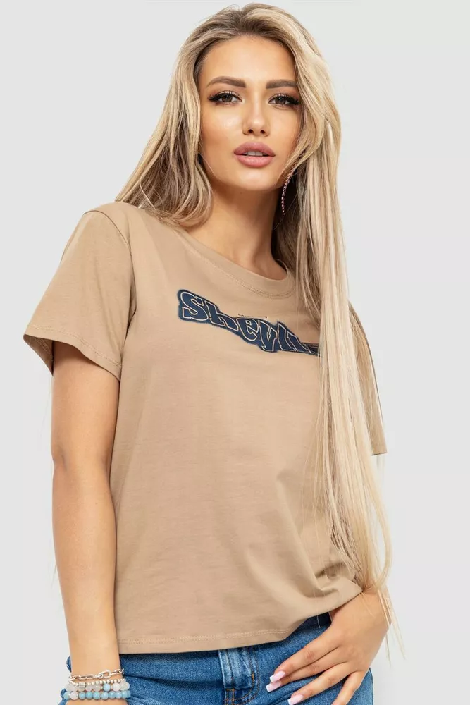 Купити Футболка жіноча з принтом, колір бежевий, 221R3004-1 - Фото №1