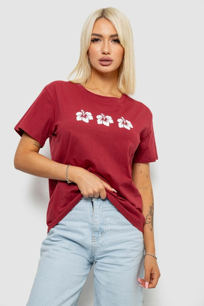 Купить Футболка женская с принтом, цвет бордовый, 221R5072 - Фото №1