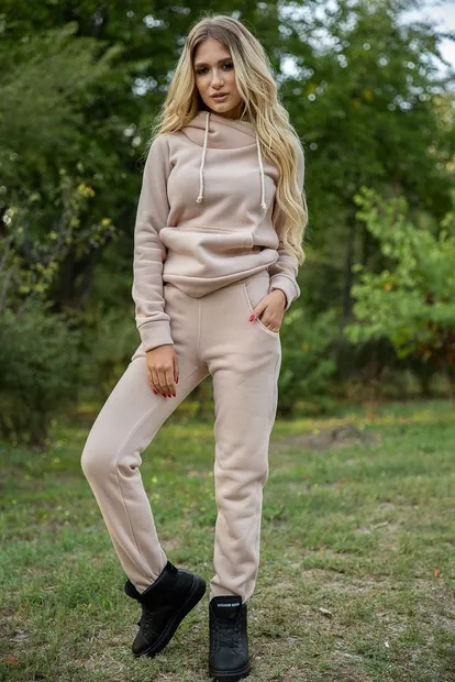 Спортивный костюм женский на флисе однотонный цвет Бежевый 102R016-1