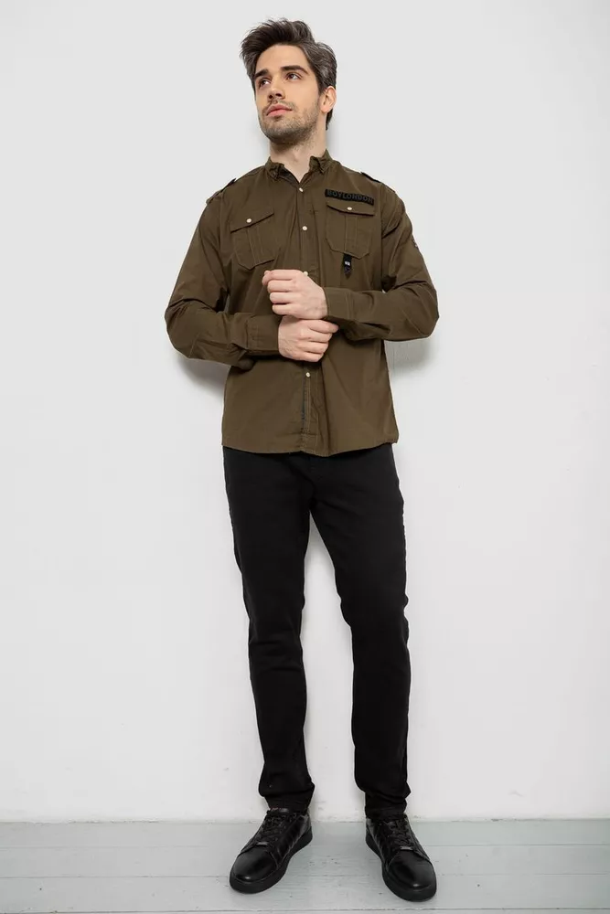 Купить Рубашка мужская однотонная с принтом, цвет хаки, 186R02 - Фото №2