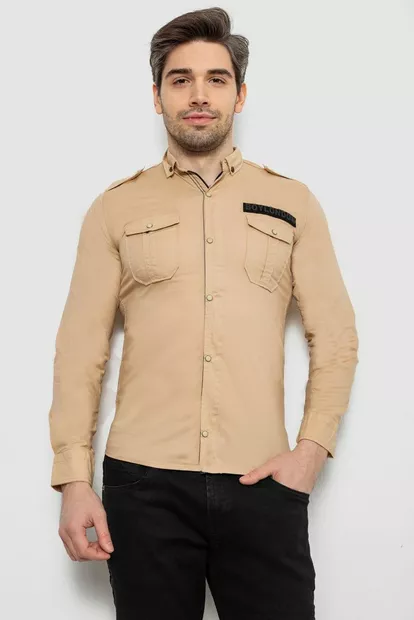Сорочка чоловіча однотонна з принтом, колір бежевий, 186R02