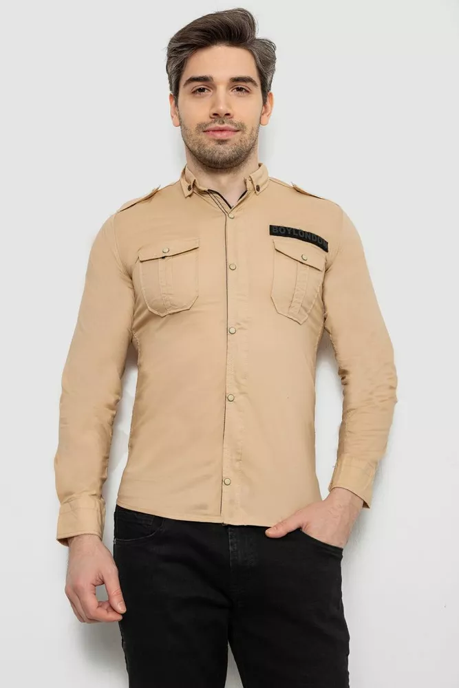 Купить Рубашка мужская однотонная с принтом, цвет бежевый, 186R02 - Фото №1