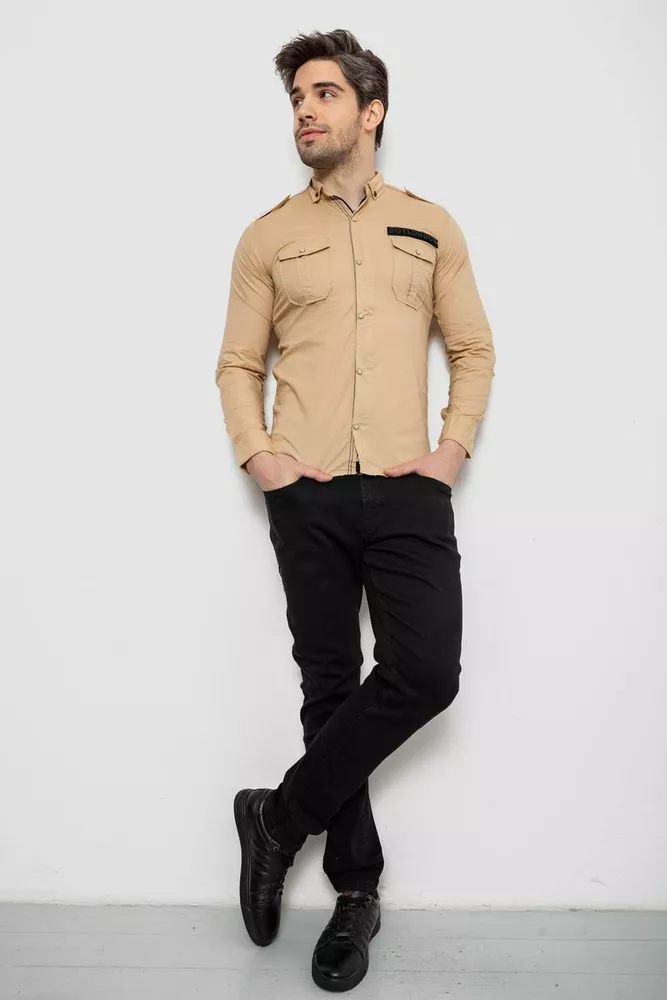 Купить Рубашка мужская однотонная с принтом, цвет бежевый, 186R02 - Фото №2