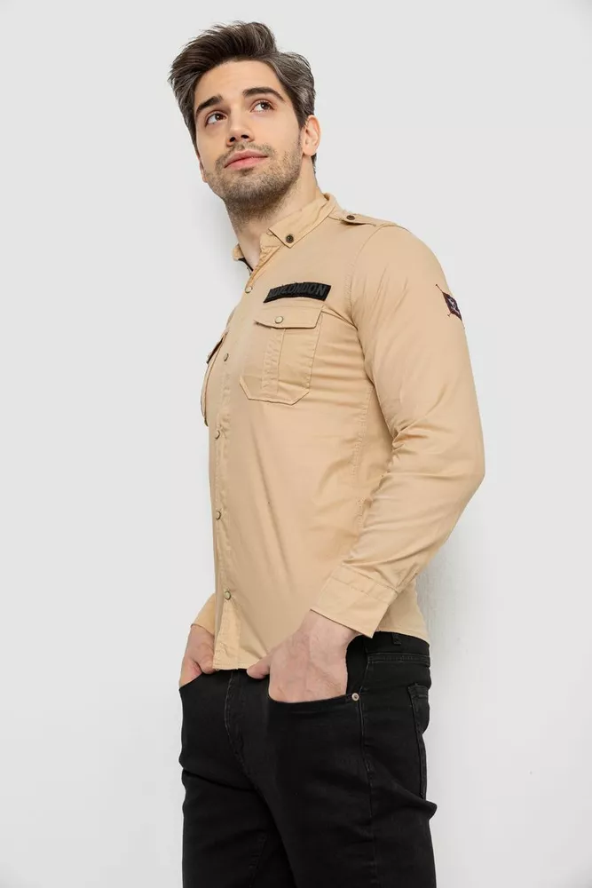 Купить Рубашка мужская однотонная с принтом, цвет бежевый, 186R02 - Фото №3
