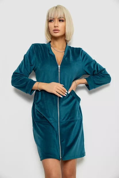 Халат жіночий велюровий на блискавці, колір смарагдовий, 257R1023