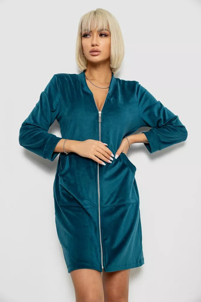 Купить Халат женский велюровый на молнии, цвет изумрудный, 257R1023 - Фото №1