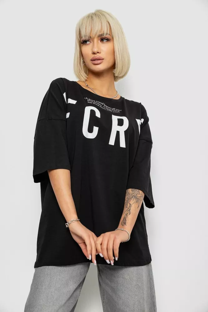 Купити Футболка жіноча з принтом, колір чорний, 244R3008-1 оптом - Фото №1