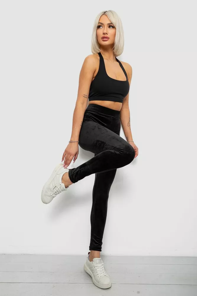 Купити Лосини жіночі велюрові однотонні, колір чорний, 214R263-1 - Фото №2