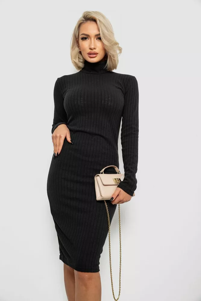 Купить Платье однотонное в рубчик, цвет черный, 257R701-1 - Фото №2