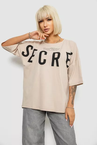 Футболка жіноча з принтом, колір світло-бежевий, 244R3008-1