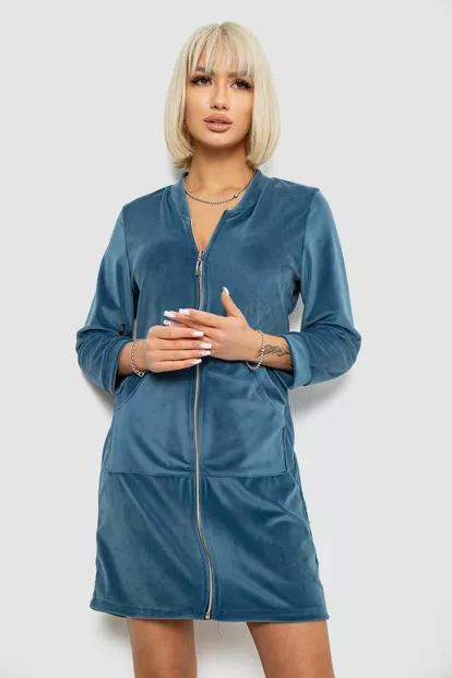 Халат женский велюровый на молнии, цвет петроль, 257R1023