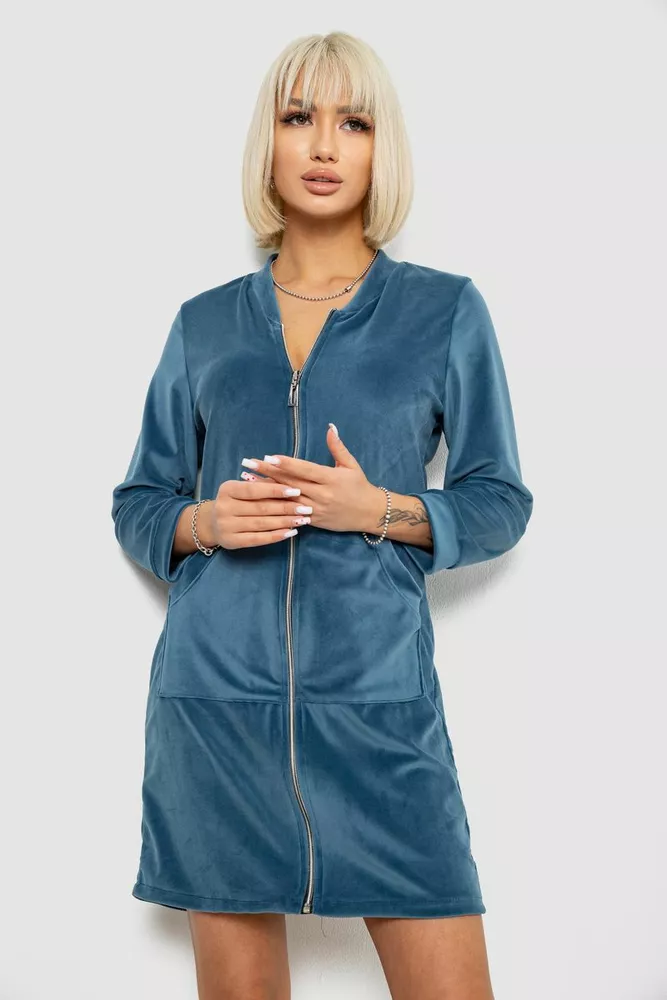Купить Халат женский велюровый на молнии, цвет петроль, 257R1023 - Фото №1