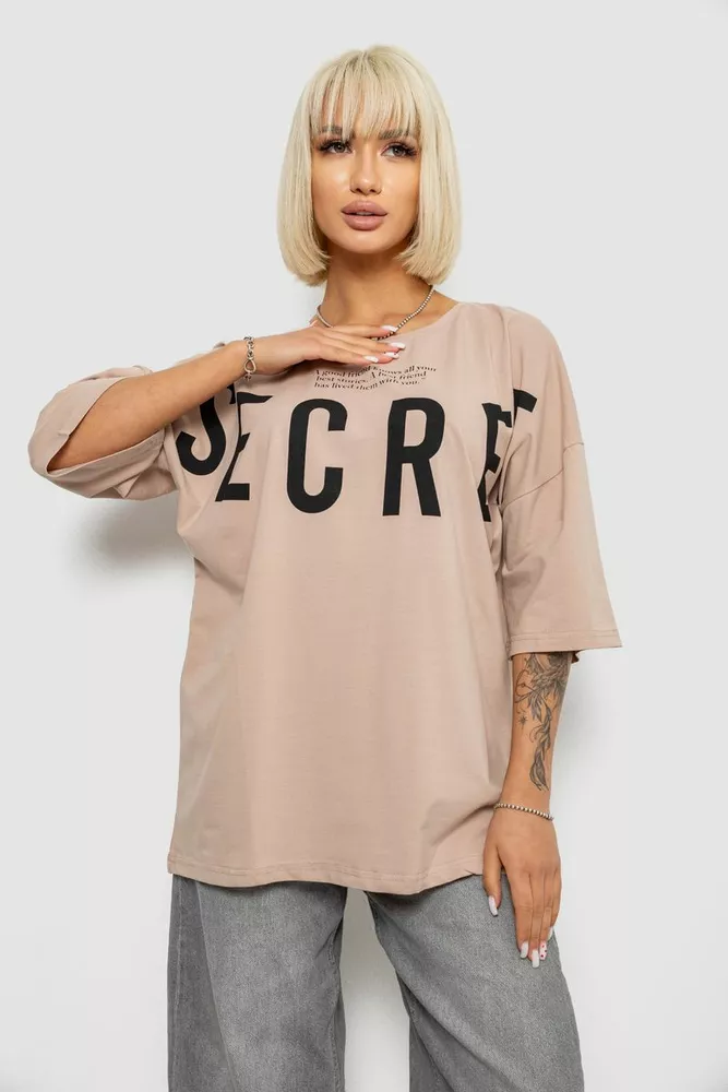 Купити Футболка жіноча з принтом, колір бежевий, 244R3008-1 - Фото №1