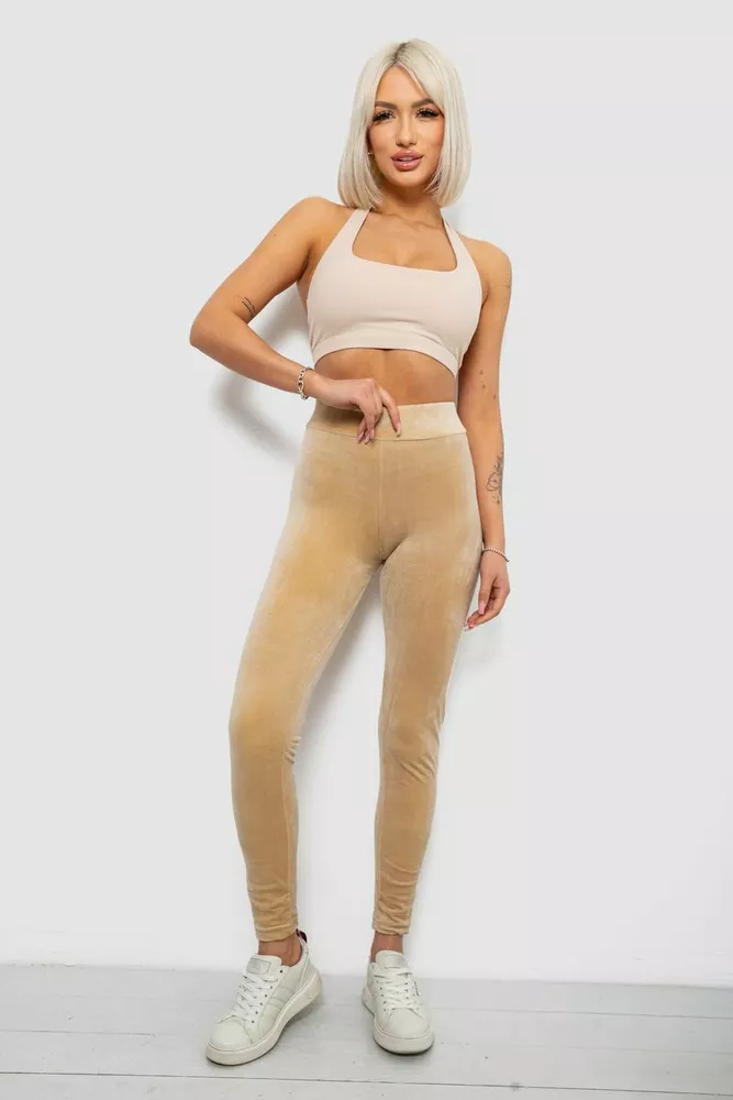 Купить Лосины женские велюровые однотонные, цвет бежевый, 214R263-1 - Фото №2