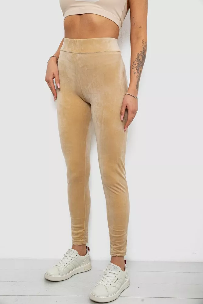 Купить Лосины женские велюровые однотонные, цвет бежевый, 214R263-1 - Фото №3